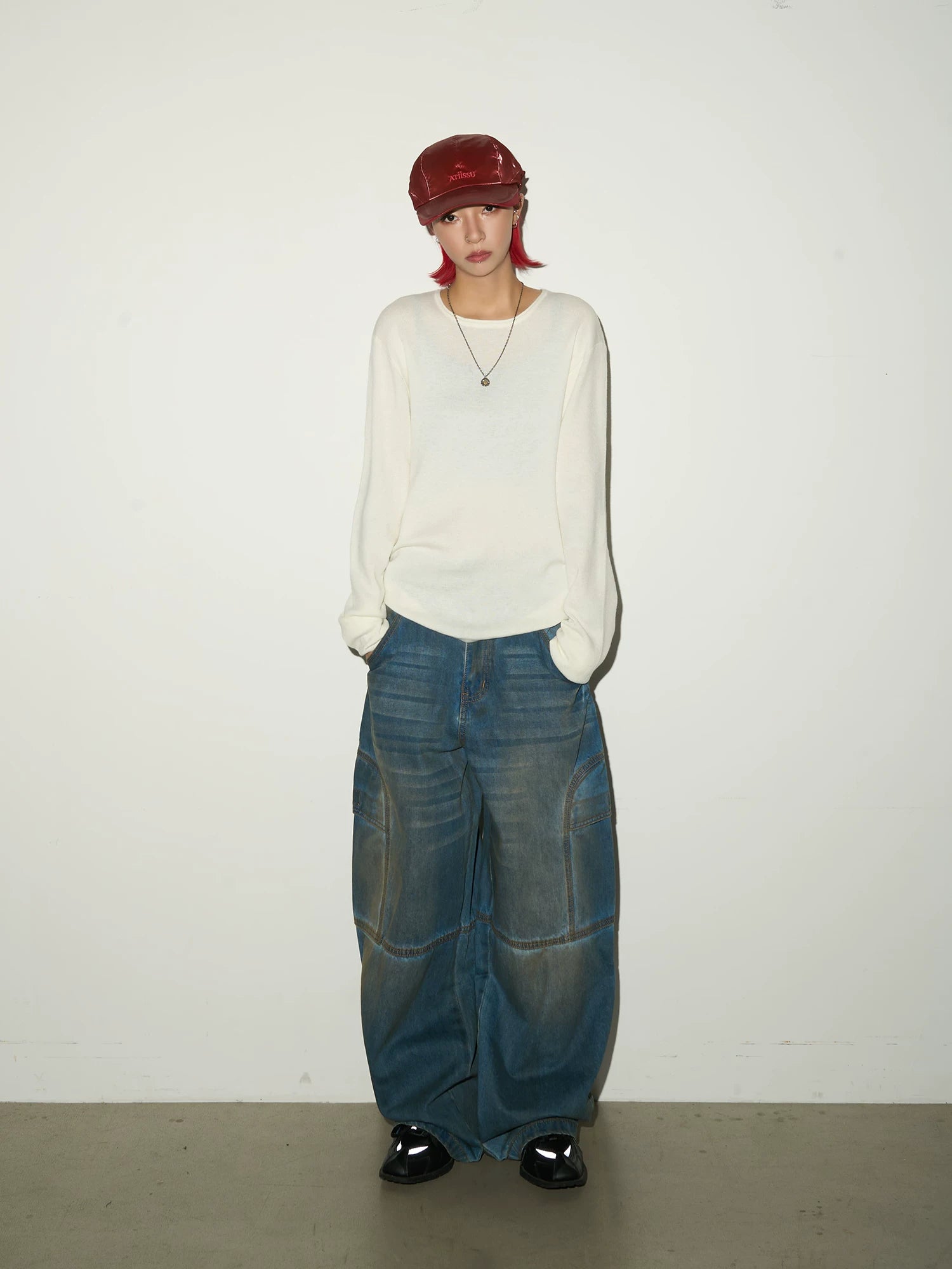 Washed Panel Strap Detail Wide Leg Denim Jeans
