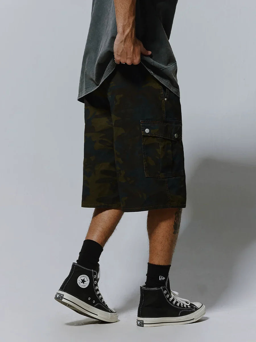 Washed Camouflage Multi-Pocket Cargo Short