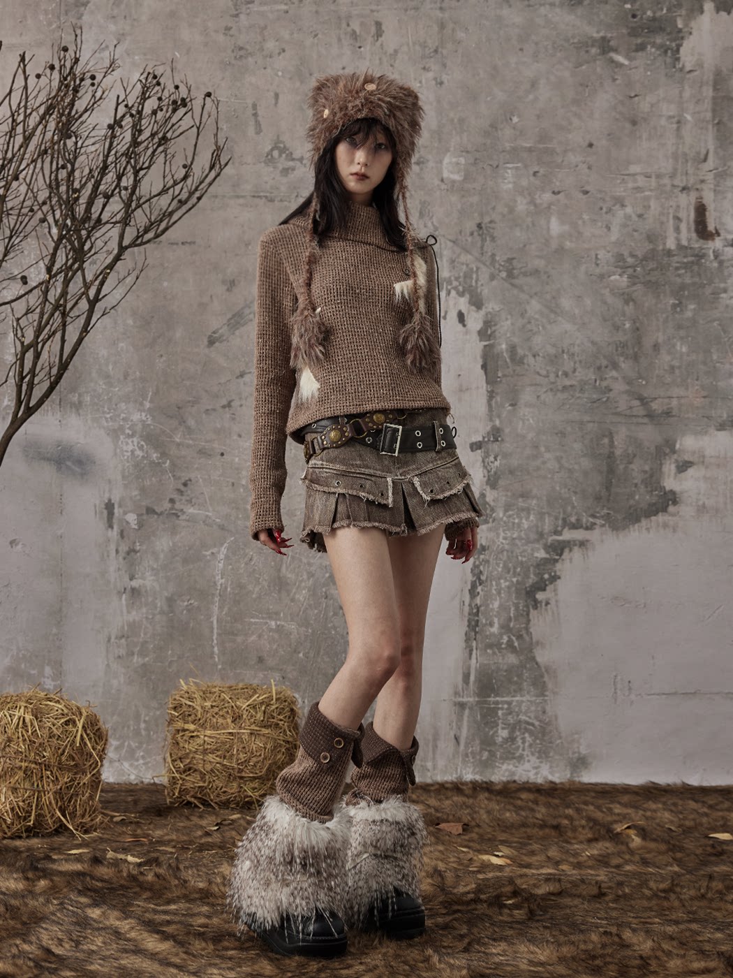 Patchwork Knit Button Fuzzy Leg Warmers