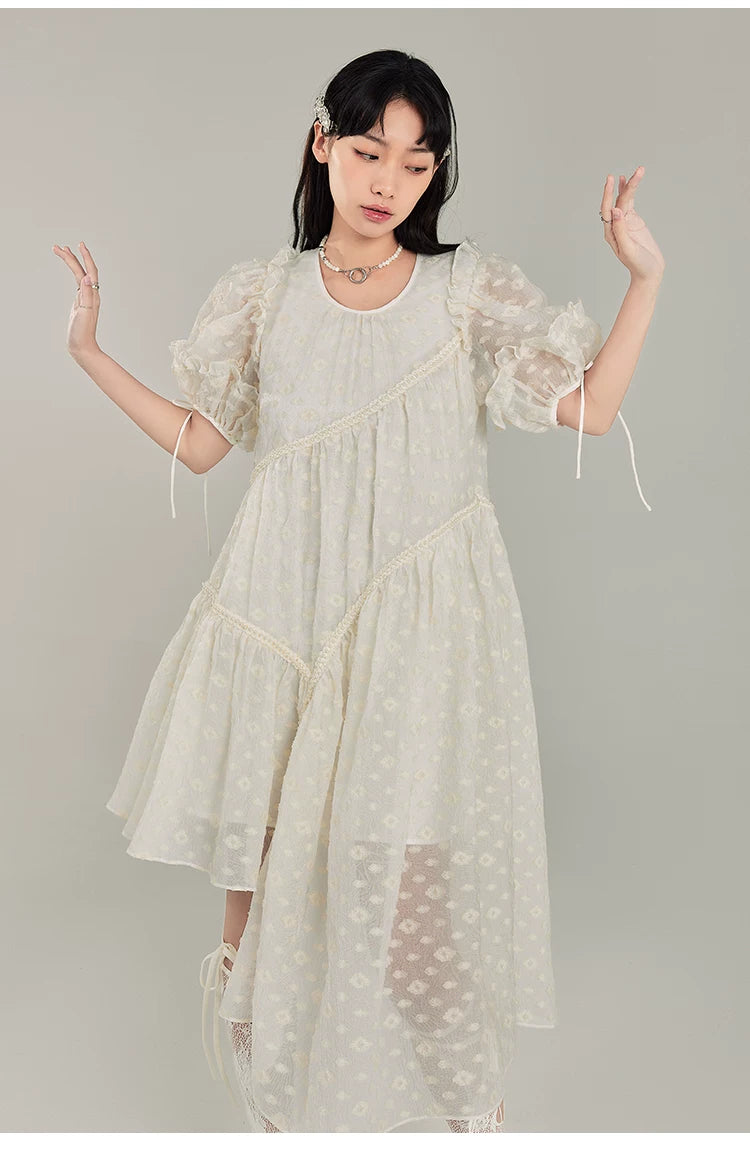 Jacquard Design Short Sleeve Dress With Irregular Hem Length