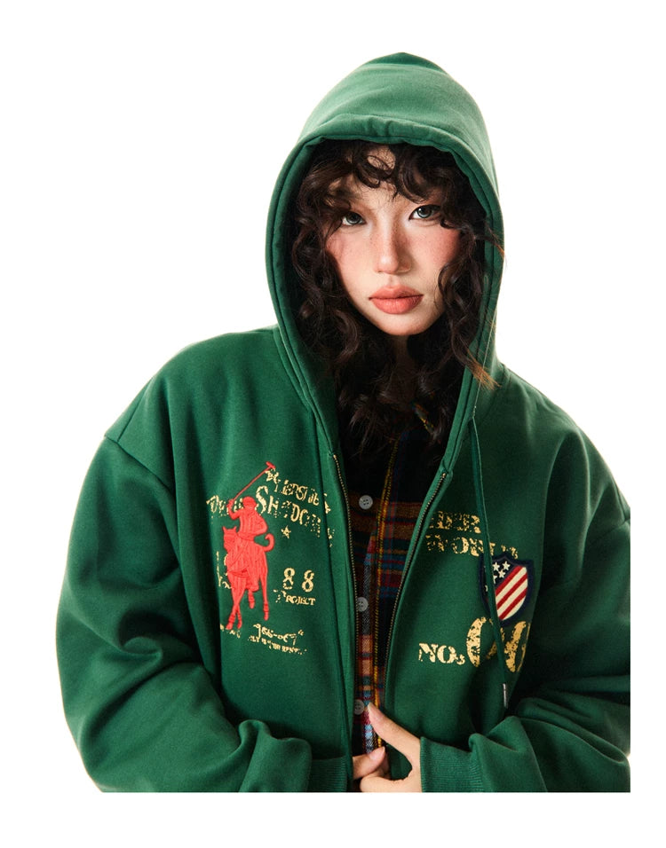 Letter Embroidery Washed Zipper Hoodie