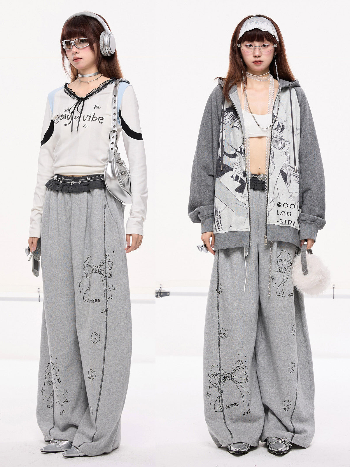 Bow Print Contrast Lace Trim Wide-Leg Sweatpants