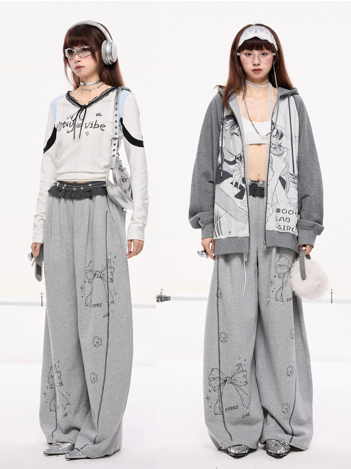 Bow Print Contrast Lace Trim Wide-Leg Sweatpants