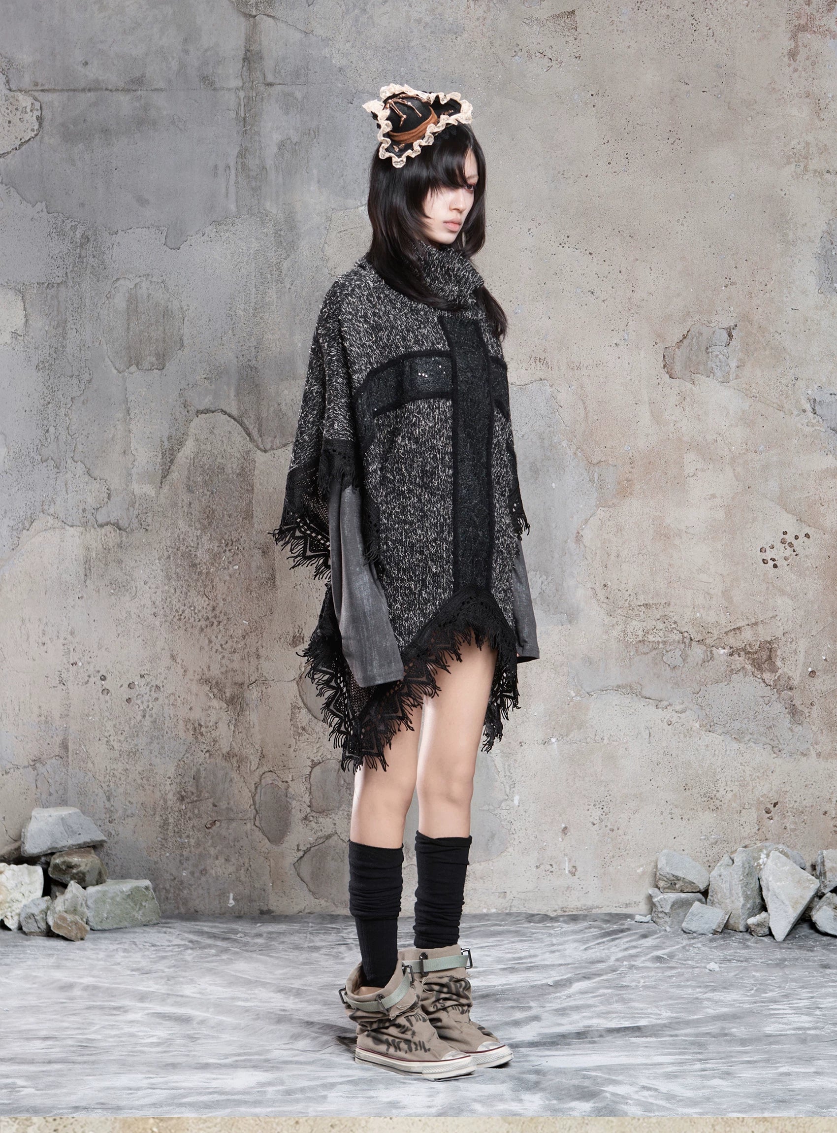 Punk Cross Cape Asymmetric Fringe Knit Sweater