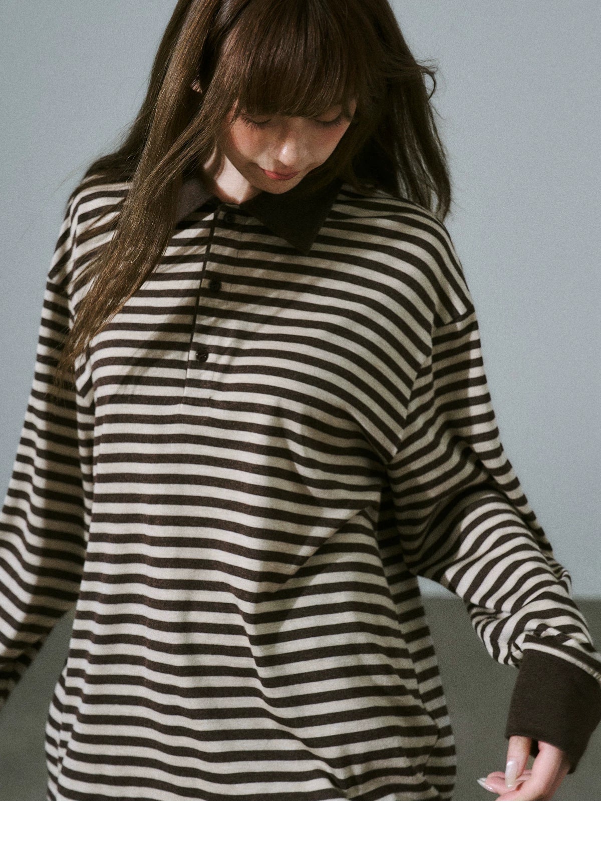 Brown Striped Long Sleeve Polo-Shirt
