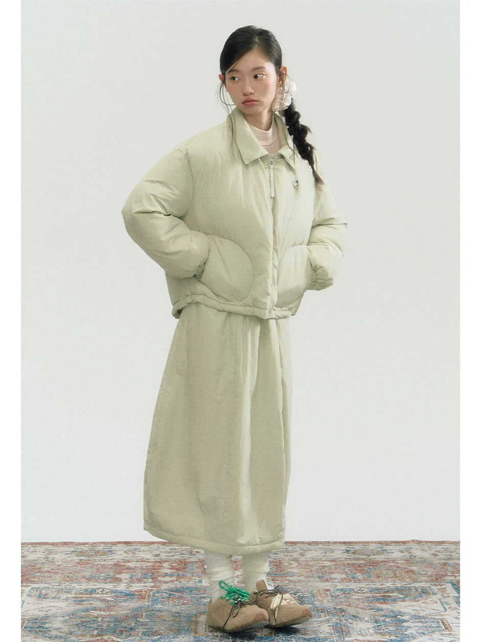 Drawstring Short Puffer Jacket & Pleated Skirt Setup