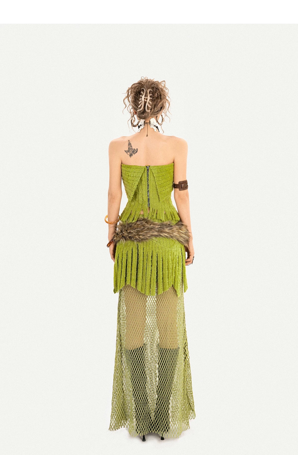 Fake Fur Patchwork Mesh Knit Cardigan & Tube Top & Mesh Long Skirt Setup