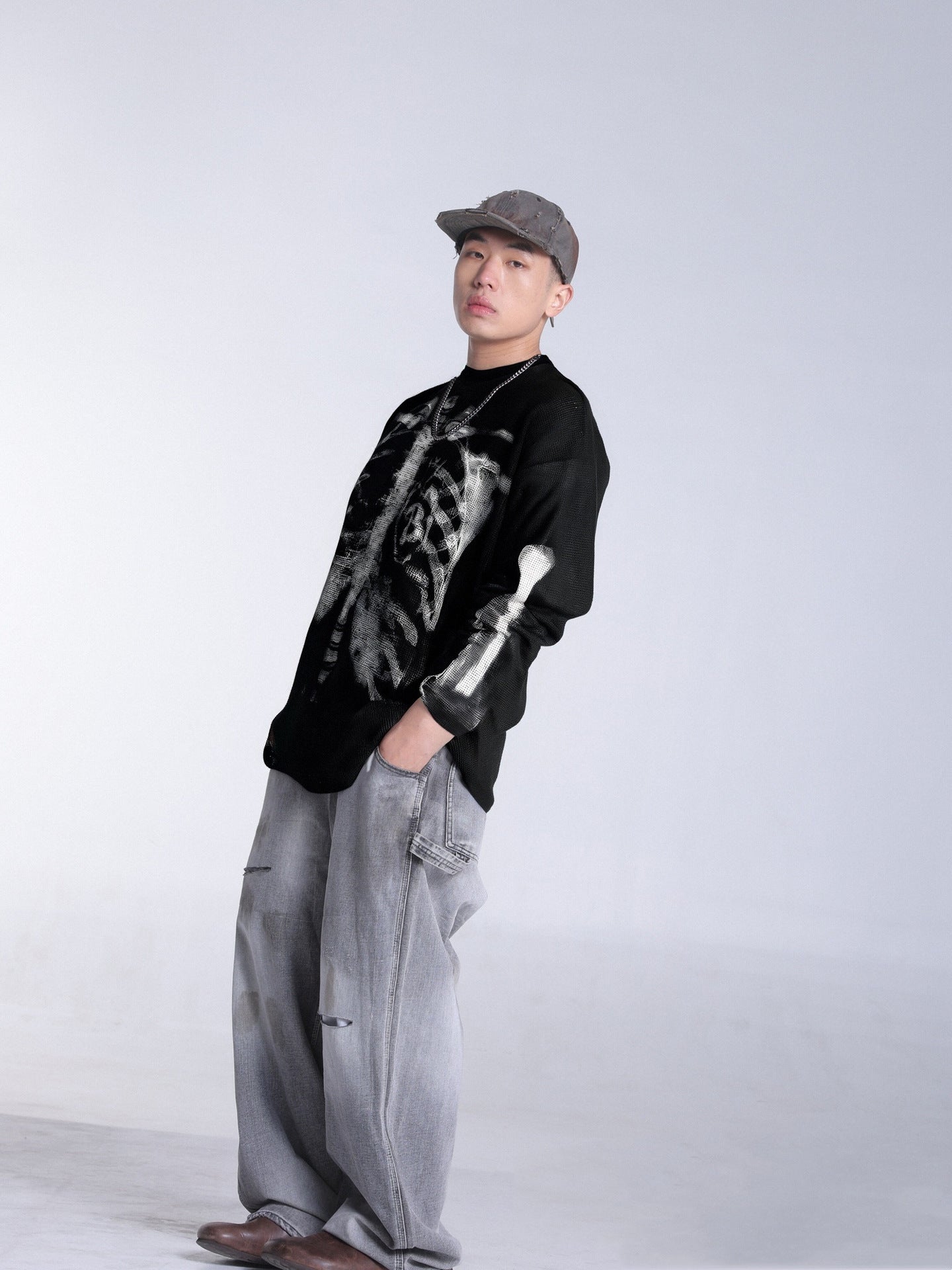 Skeleton Print Waffle Long Sleeve T-Shirt