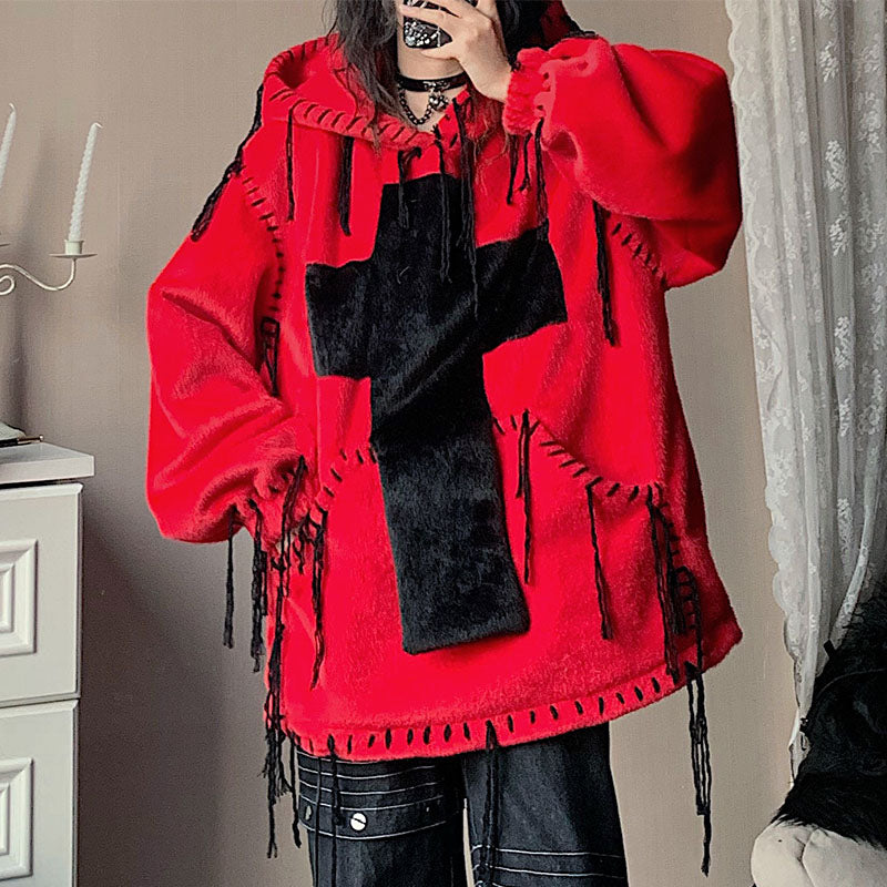 Fake Fur Hooded Cross Detail Hoodie