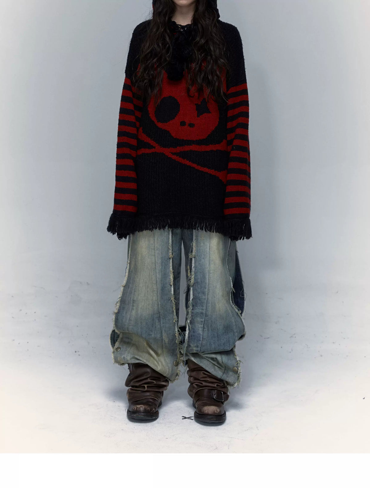 Skull Print Stripe Oversize Knit Hoodie