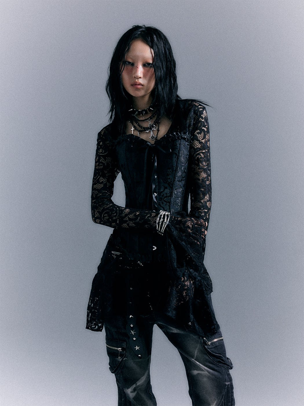 Lace-Up Corset Top & Lace Long Sleeve Dress Setup