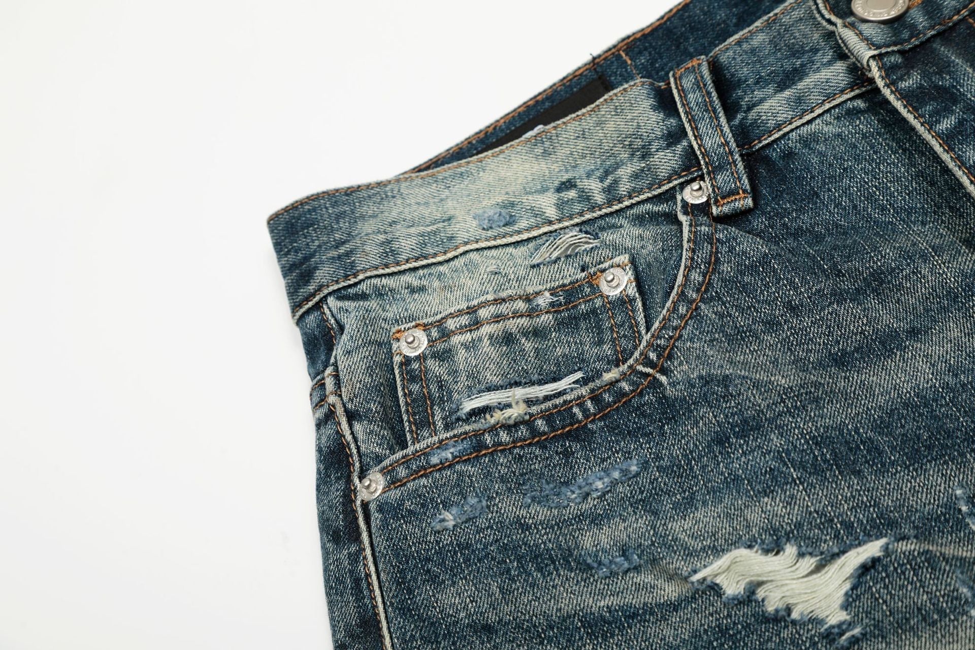 Damage Whisker Wash Straight Denim Jeans