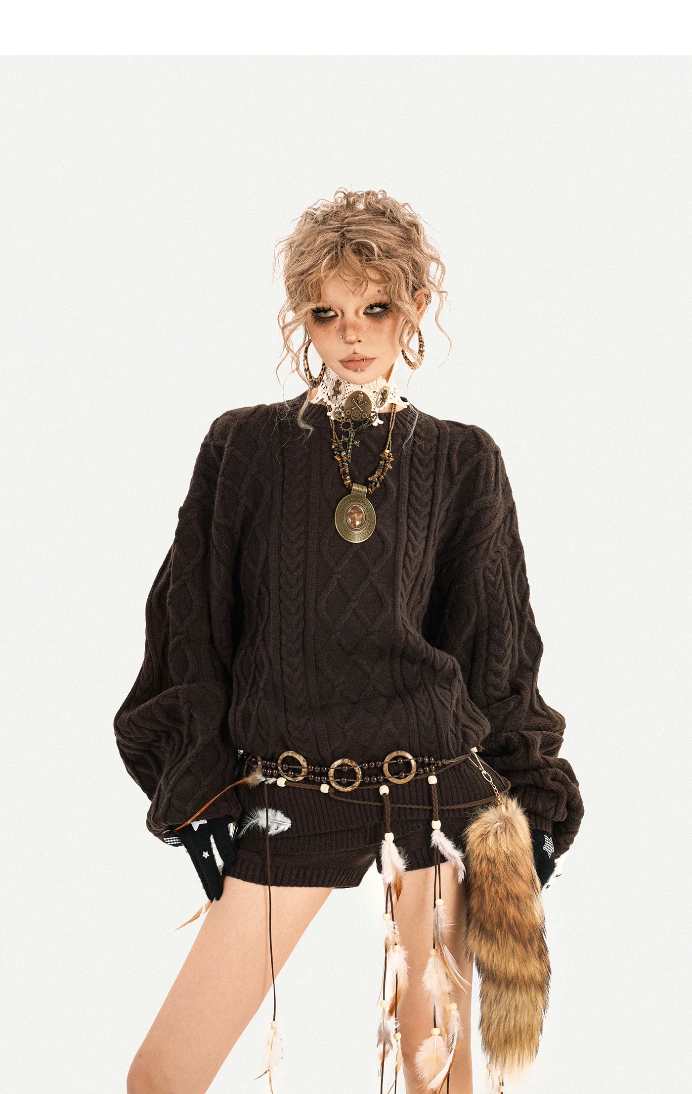 Oversize Knit Sweater & Low Waist Knit Short Pants & Shawl & Leg Warmers Setup