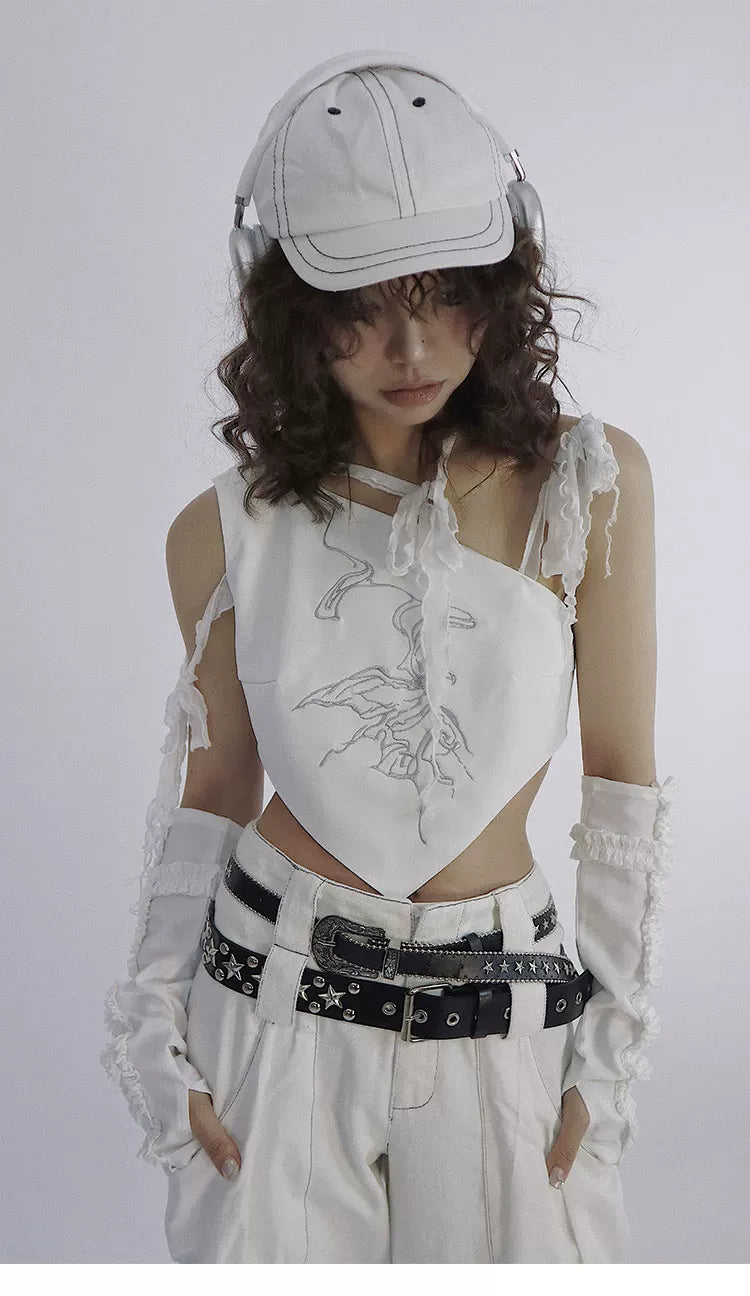 Butterfly Embroidery Tie-Strap Tank Top