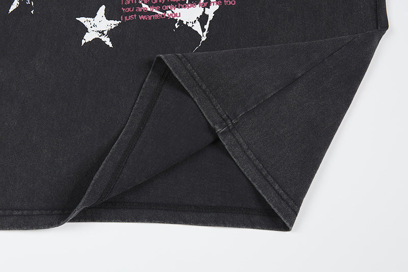 Washed Portrait Letter Print Short Sleeve T-Shirt