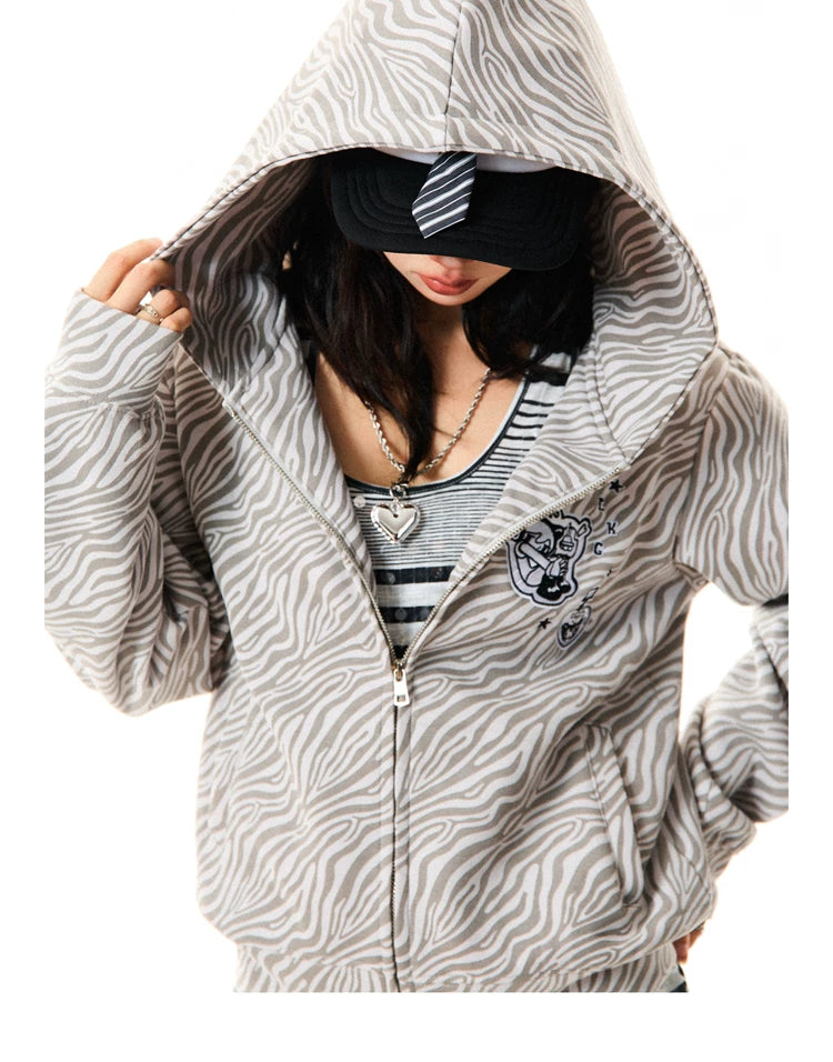 Zebra Print Graphic Zip-Up Hoodie