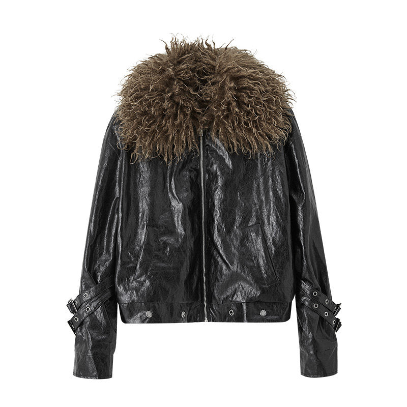 Detachable Fur Collar Glossy Padded PU Leather Jacket