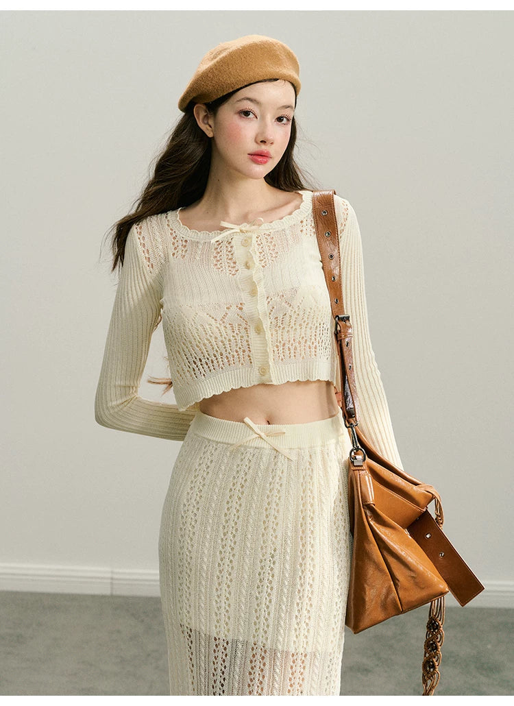 Hollow Out Button Knit Cardigan & Half Skirt Setup