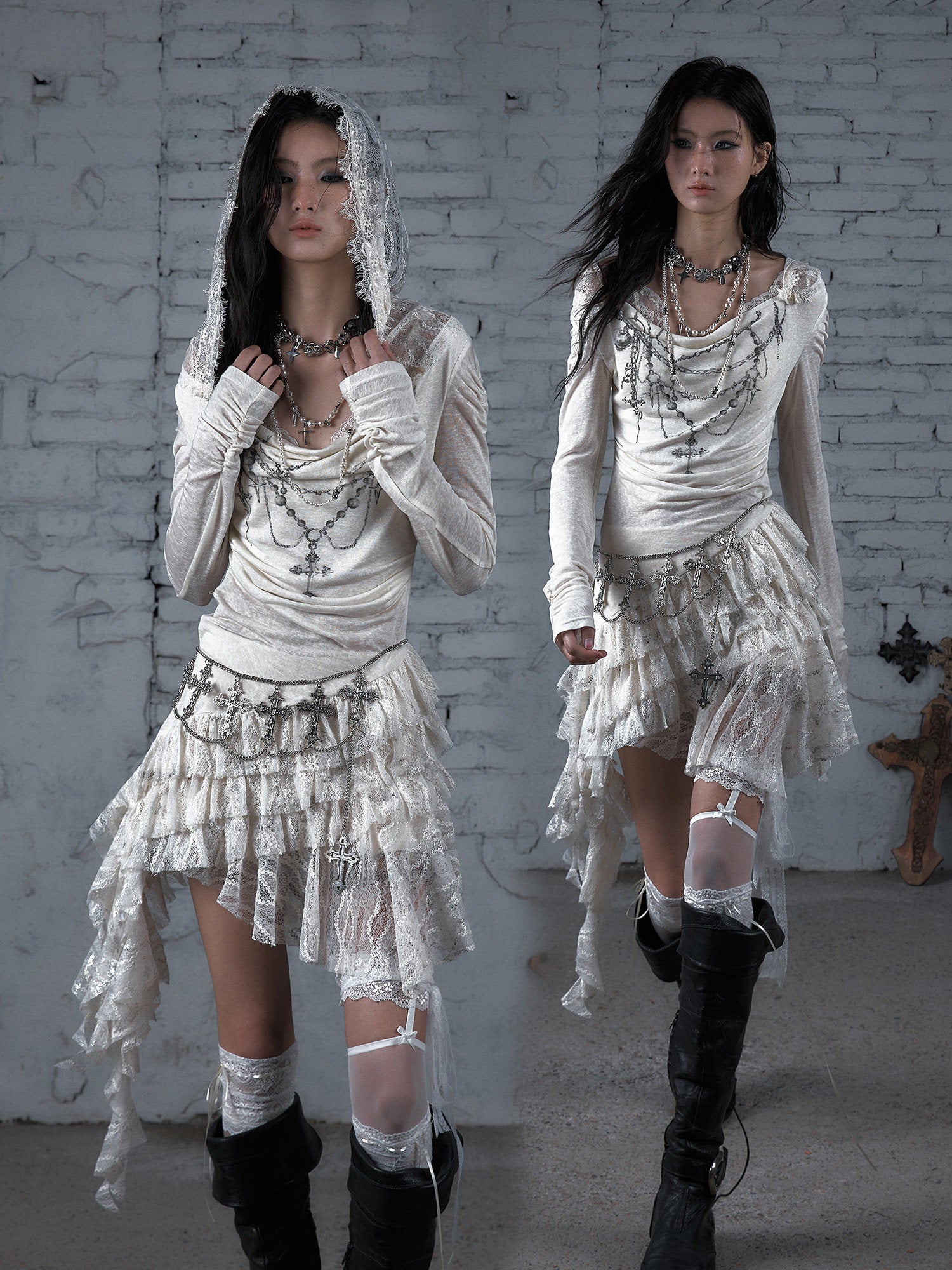 Lace Hooded Asymmetric Ruffle Dress