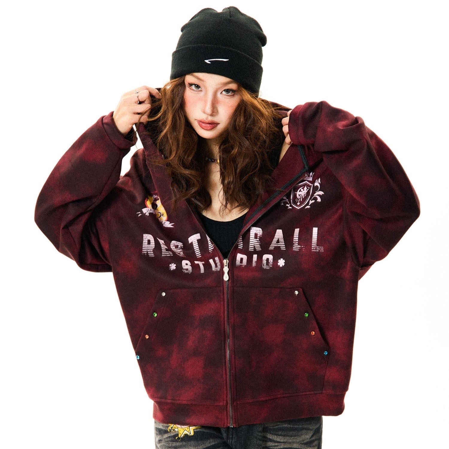 Tie-Dye Letter Print Oversize Zipper Hoodie