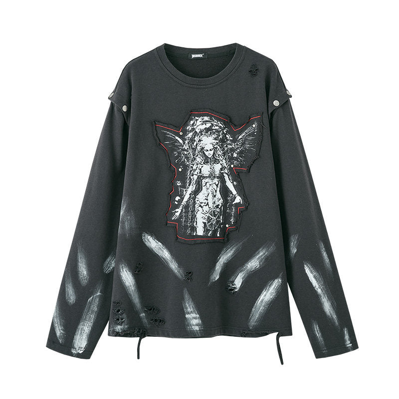 Washed Damage Patch Embroidery Print Long Sleeve T-Shirt