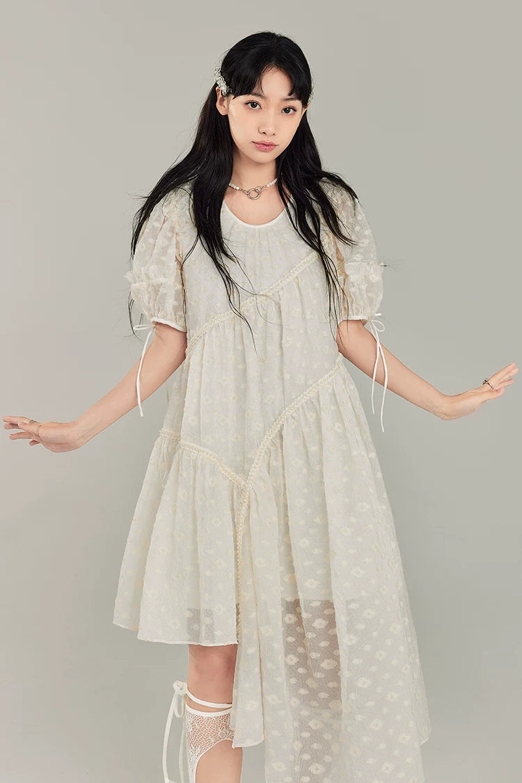 Jacquard Design Short Sleeve Dress With Irregular Hem Length
