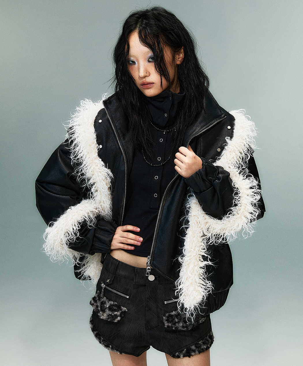 Fake Layered Washed Thickened PU Leather Padded Short Jacket