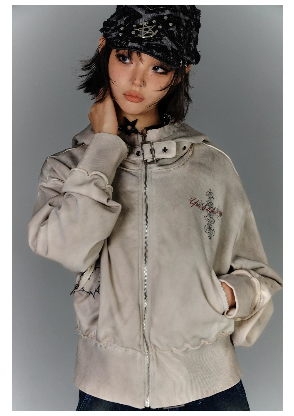 Washed Damage Oversize Zipper Hoodie