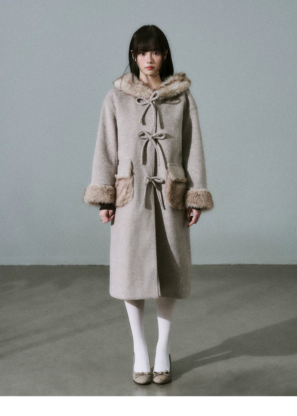 Bow Detail Fake Fur Trim Coat