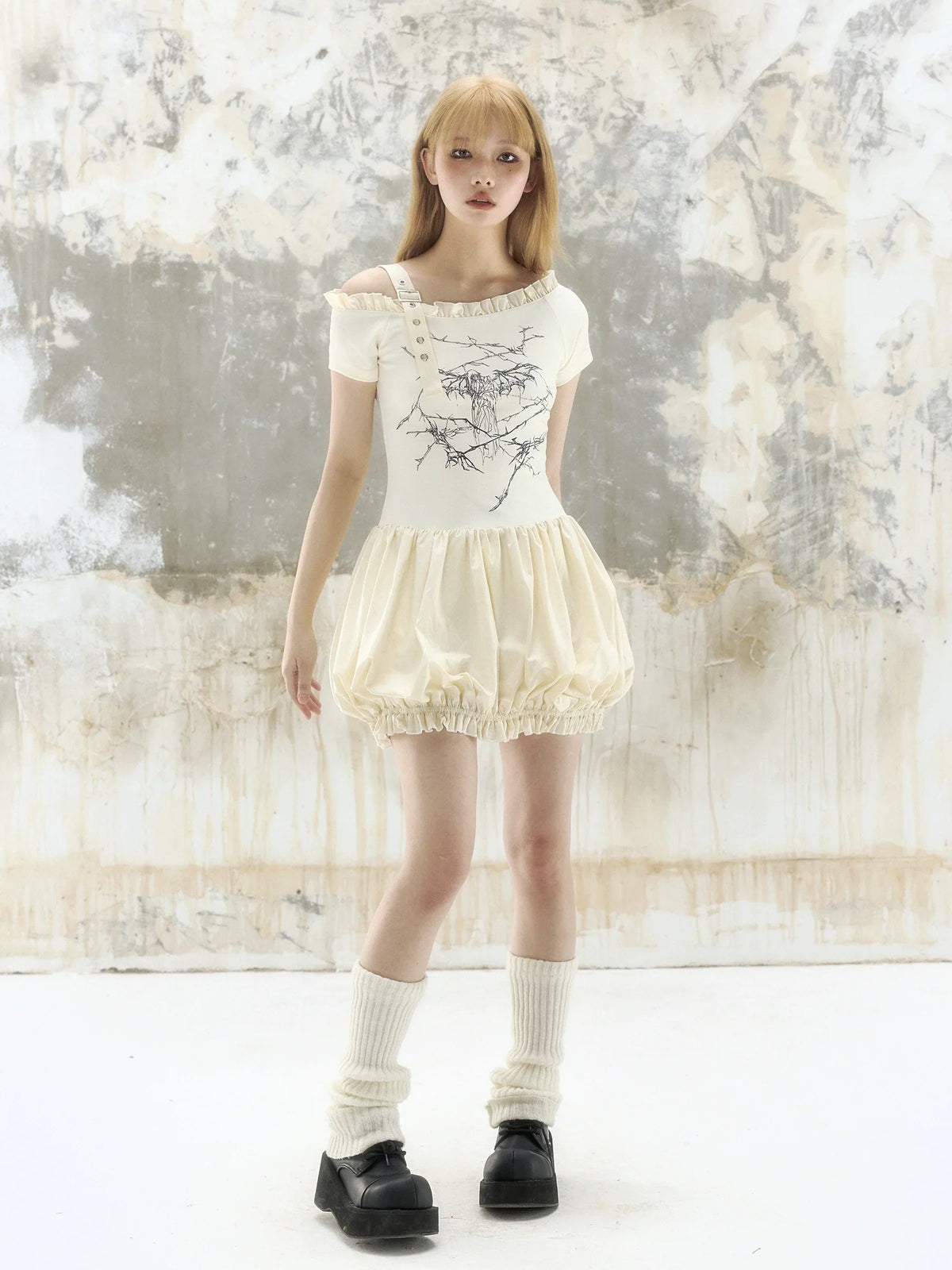 Thorn Angel Print Off-Shoulder Puff Dress
