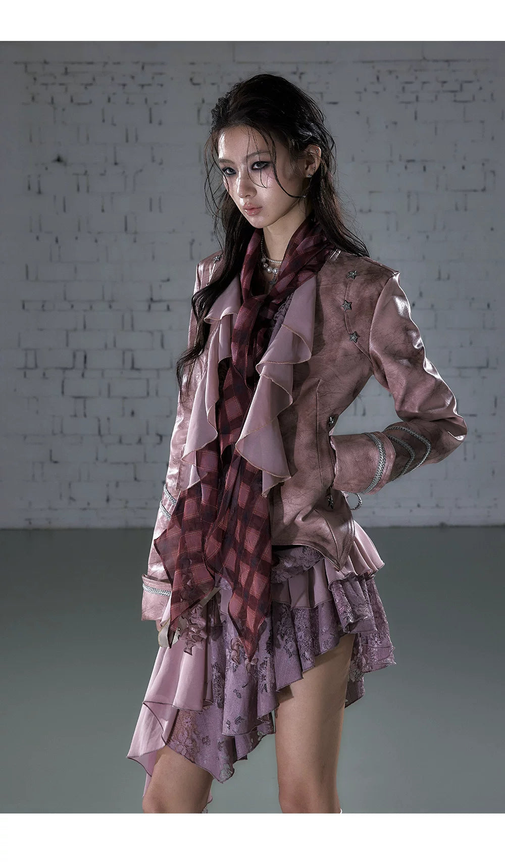 Ruffle Tie-Neck Slim Fit Long Sleeve Shirt