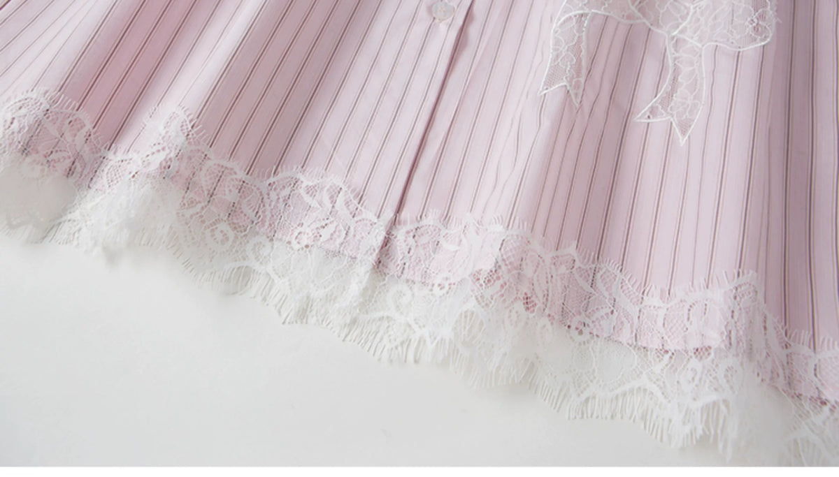 Stripe Lace Hollow Bow Long Sleeve Shirt
