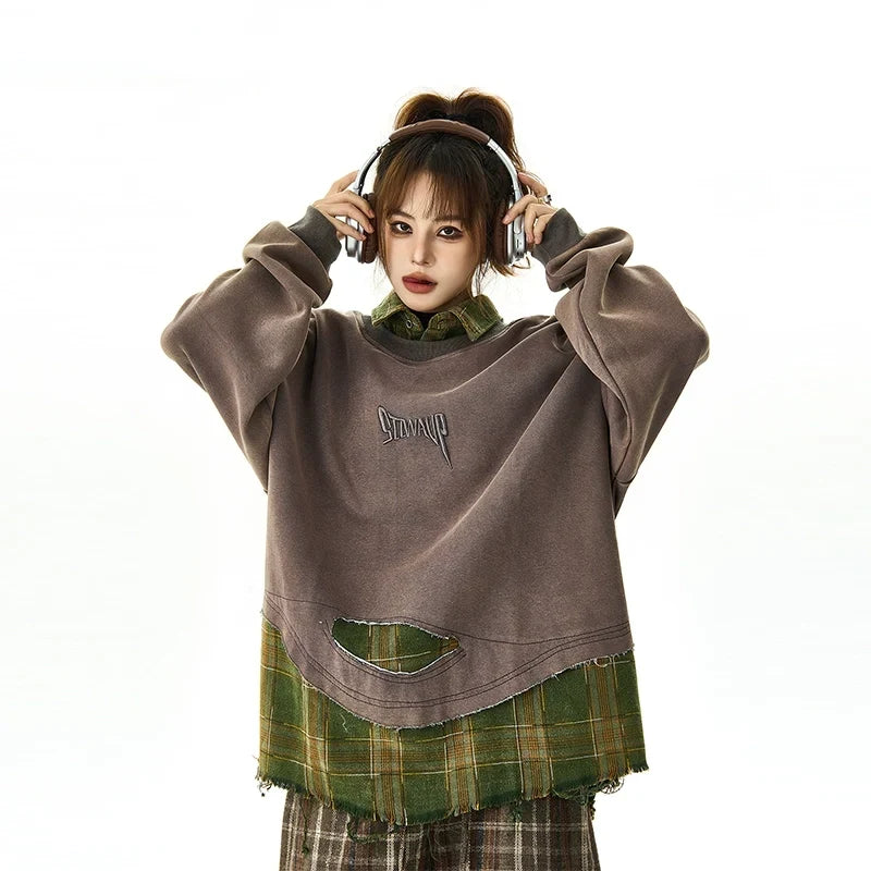 Plaid Stitching Fake Layered Sweatshirt