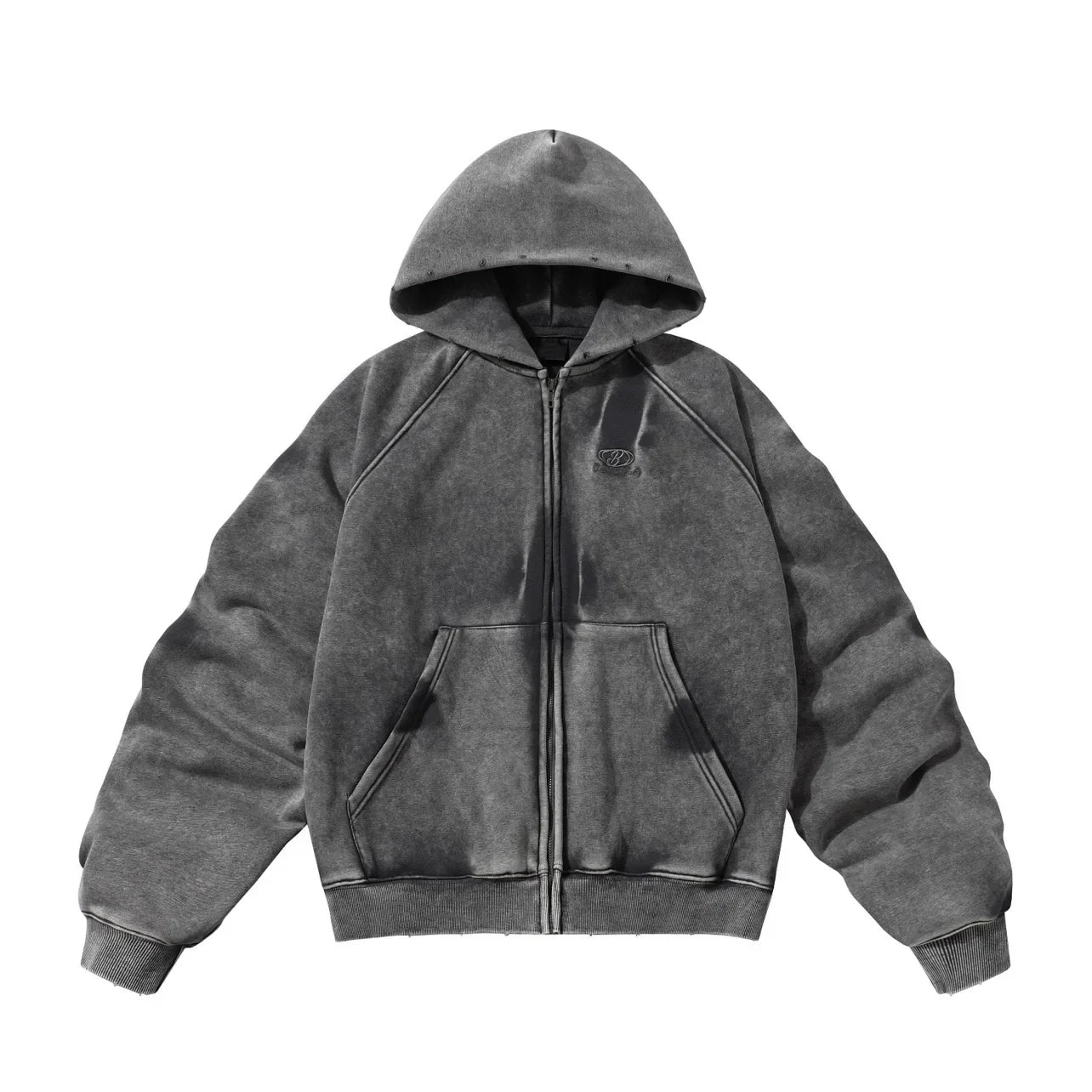 Sweat à capuche zippé, manches doublées en polaire froissée et délavée