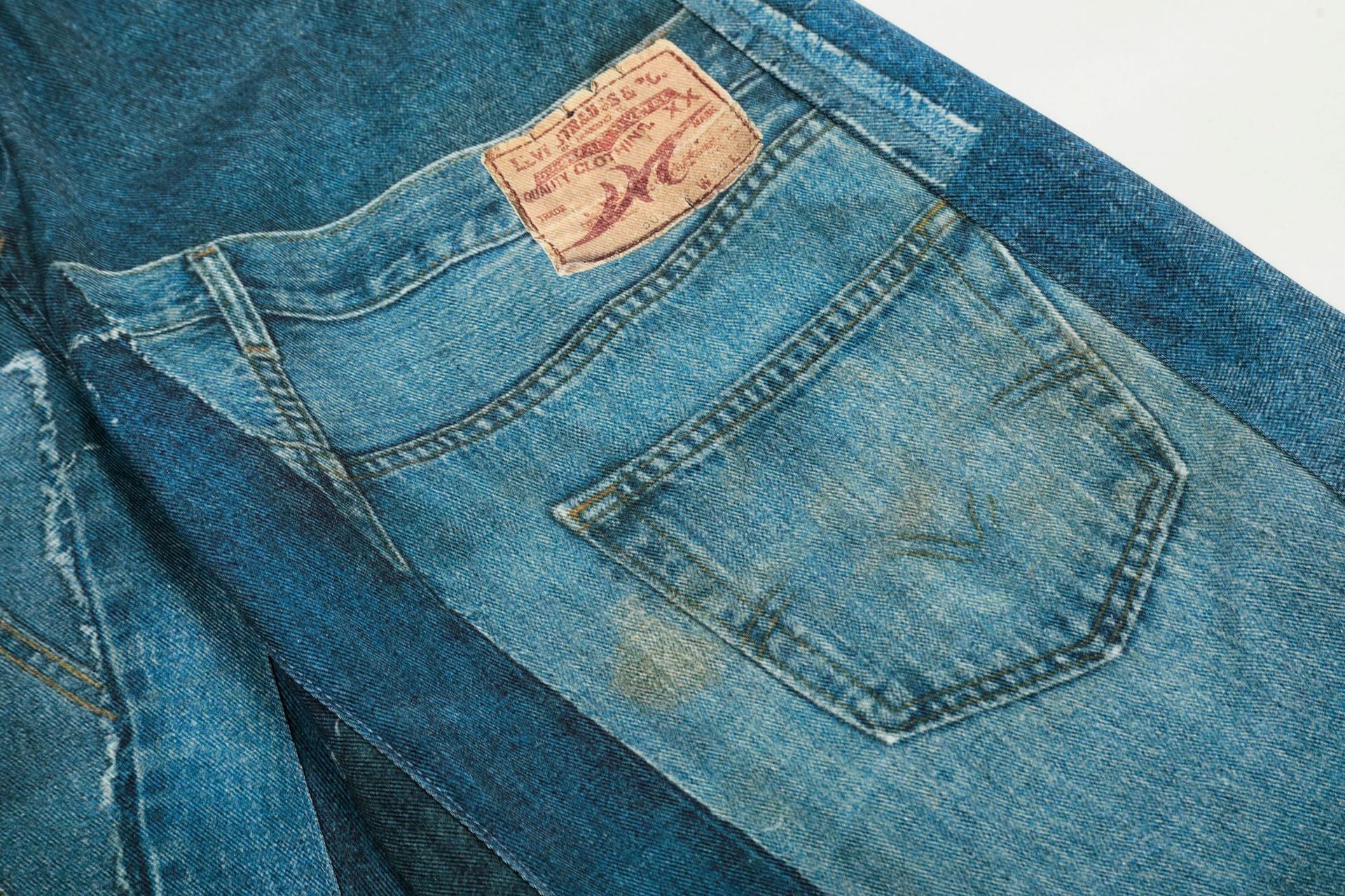 Washed Irregular Print Wide Leg Curved Denim Jeans