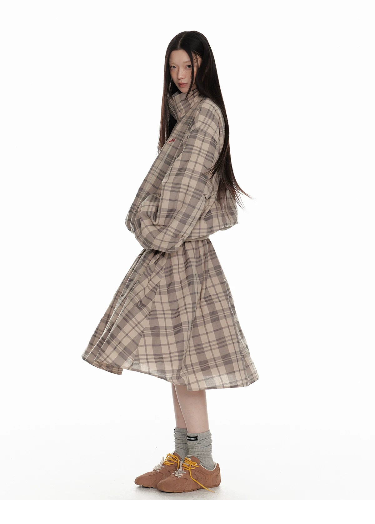 Hollow Star Stand Neck Recersible Jacket & Recersible Plaid Skirt Setup