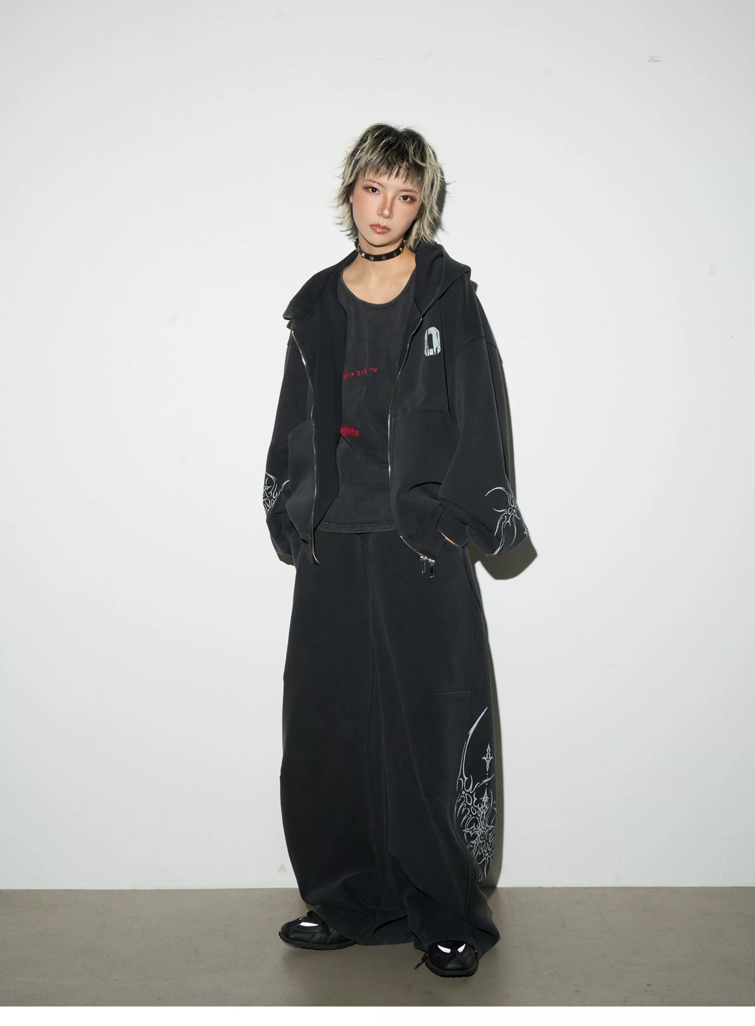 Graphic Print Oversize Zipper Hoodie & Wide Leg Sweatpants Setup