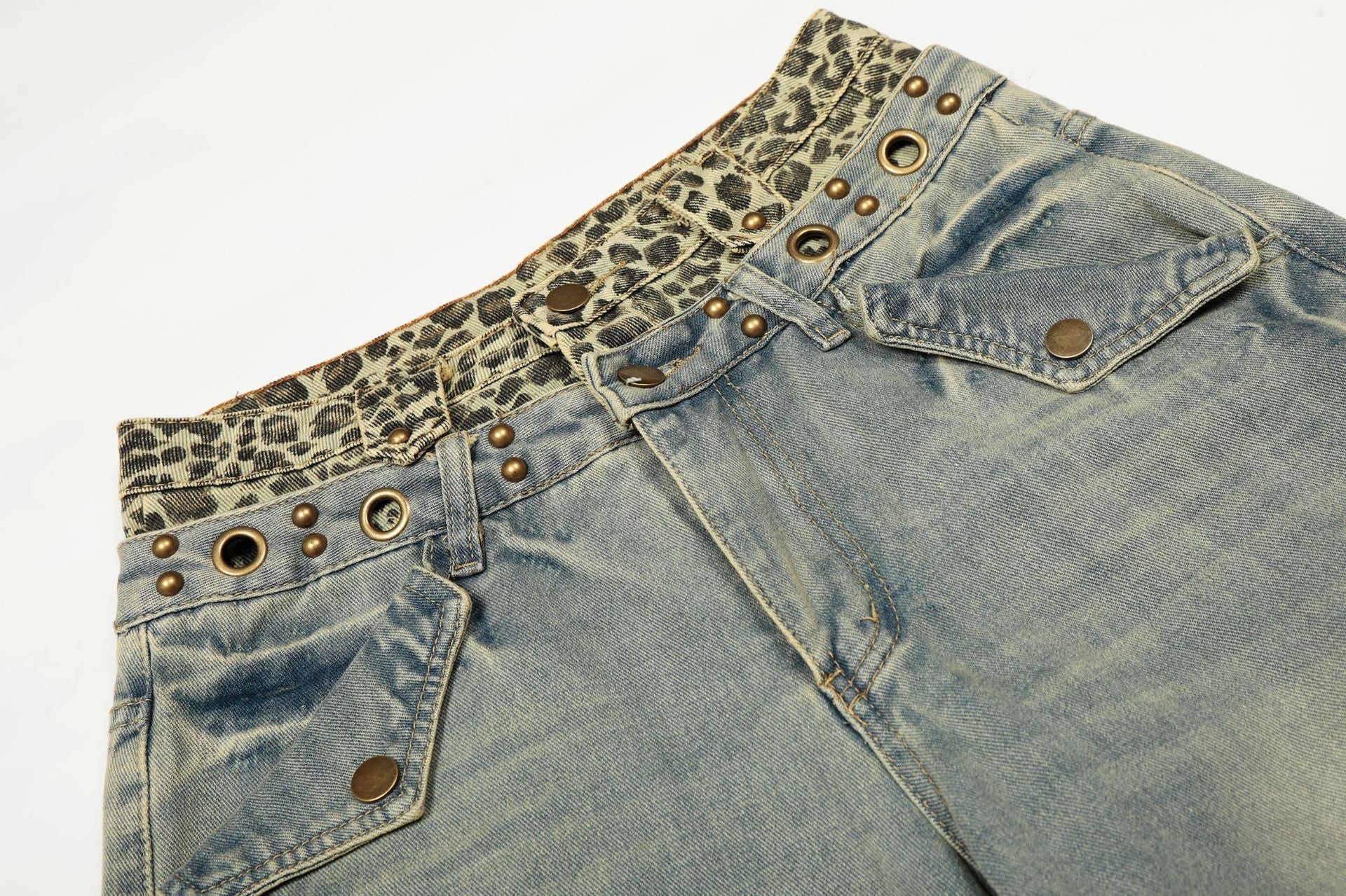 Leopard Waistband Washed Whisker Wide Leg Denim Jeans