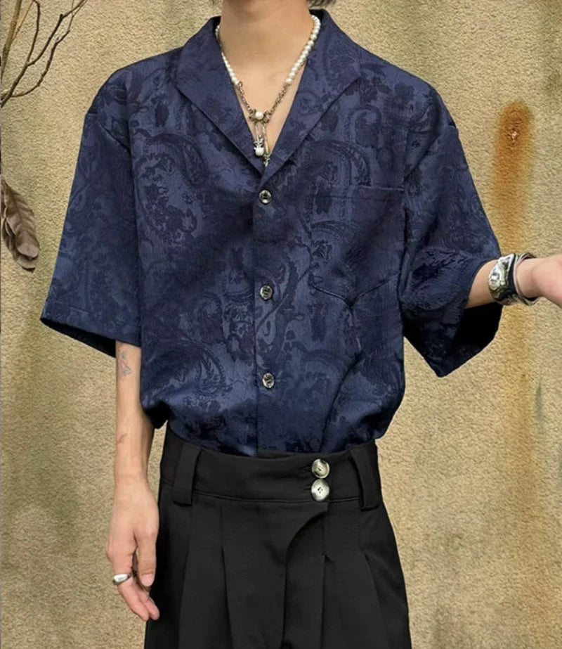 Jacquard Texture Cuban Collar Short Sleeve Shirt