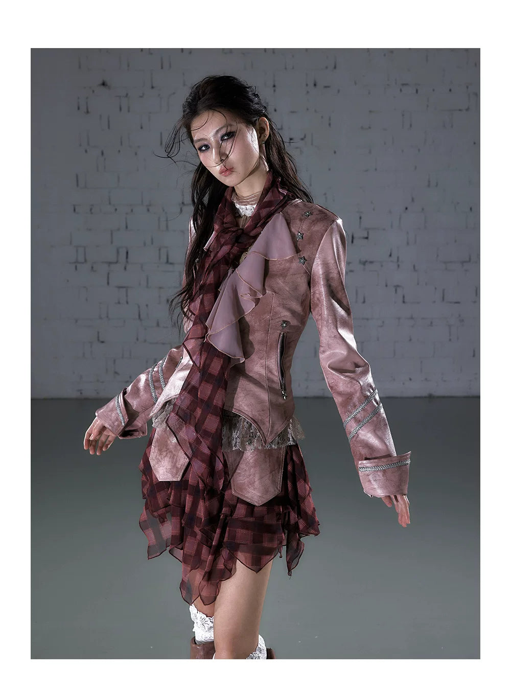 Ruffle Tie-Neck Slim Fit Long Sleeve Shirt