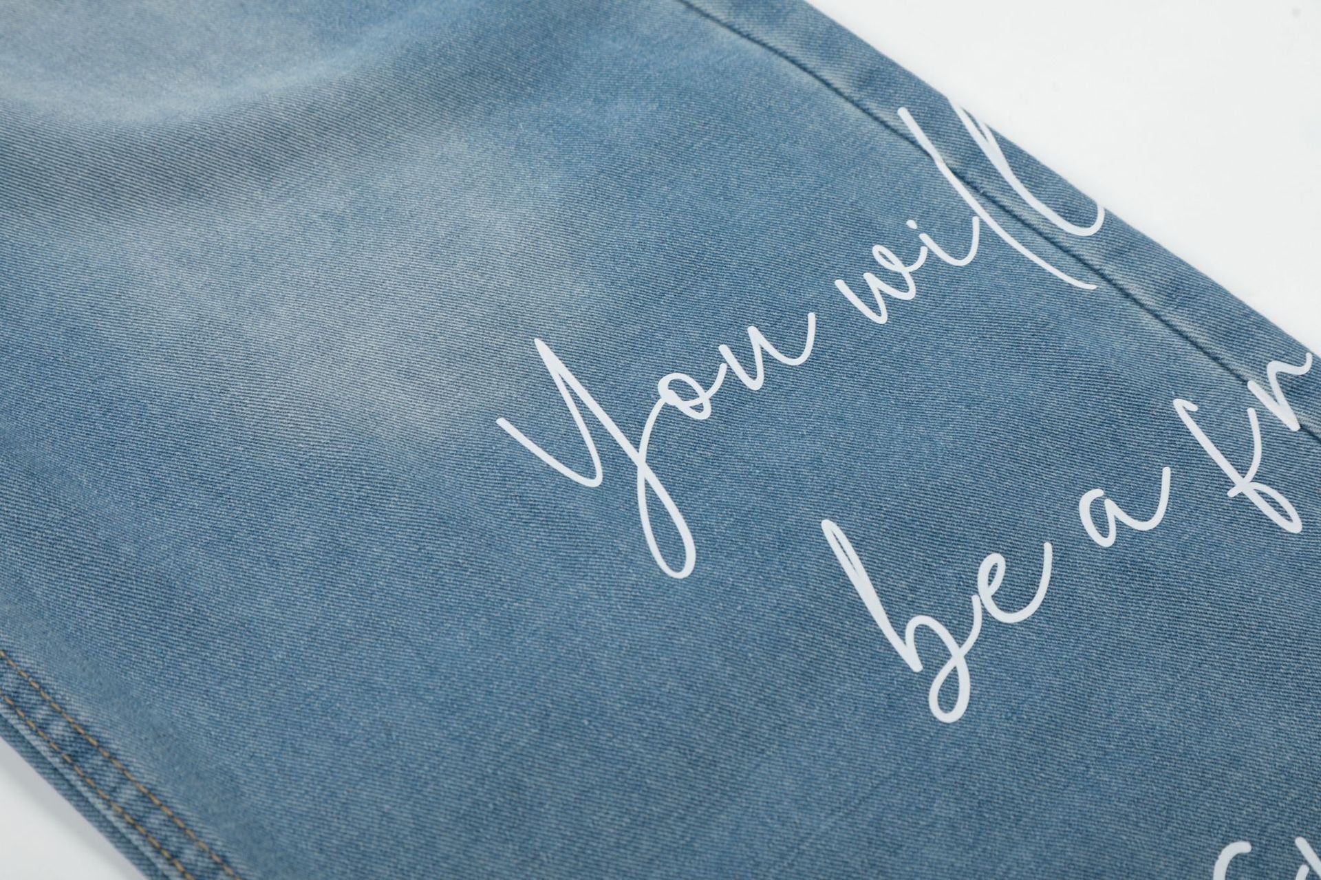 Washed Letter Print Wide Leg Denim Jeans