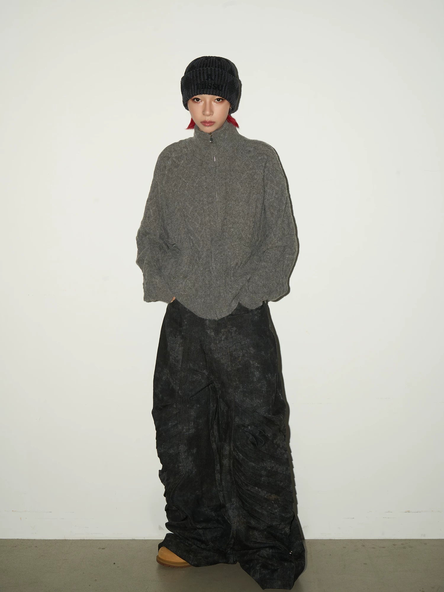 Cable Knit Stand Neck Zipper Knit Cardigan