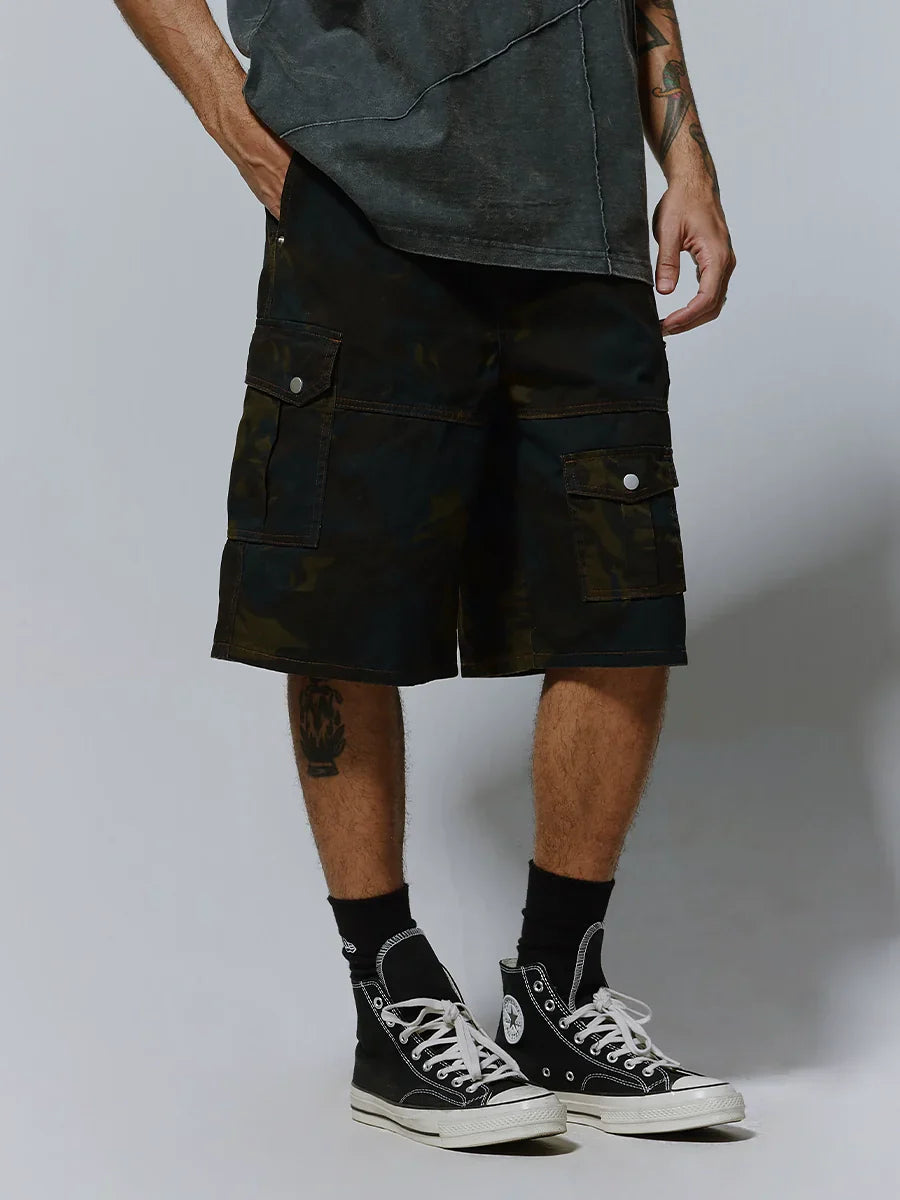 Washed Camouflage Multi-Pocket Cargo Short