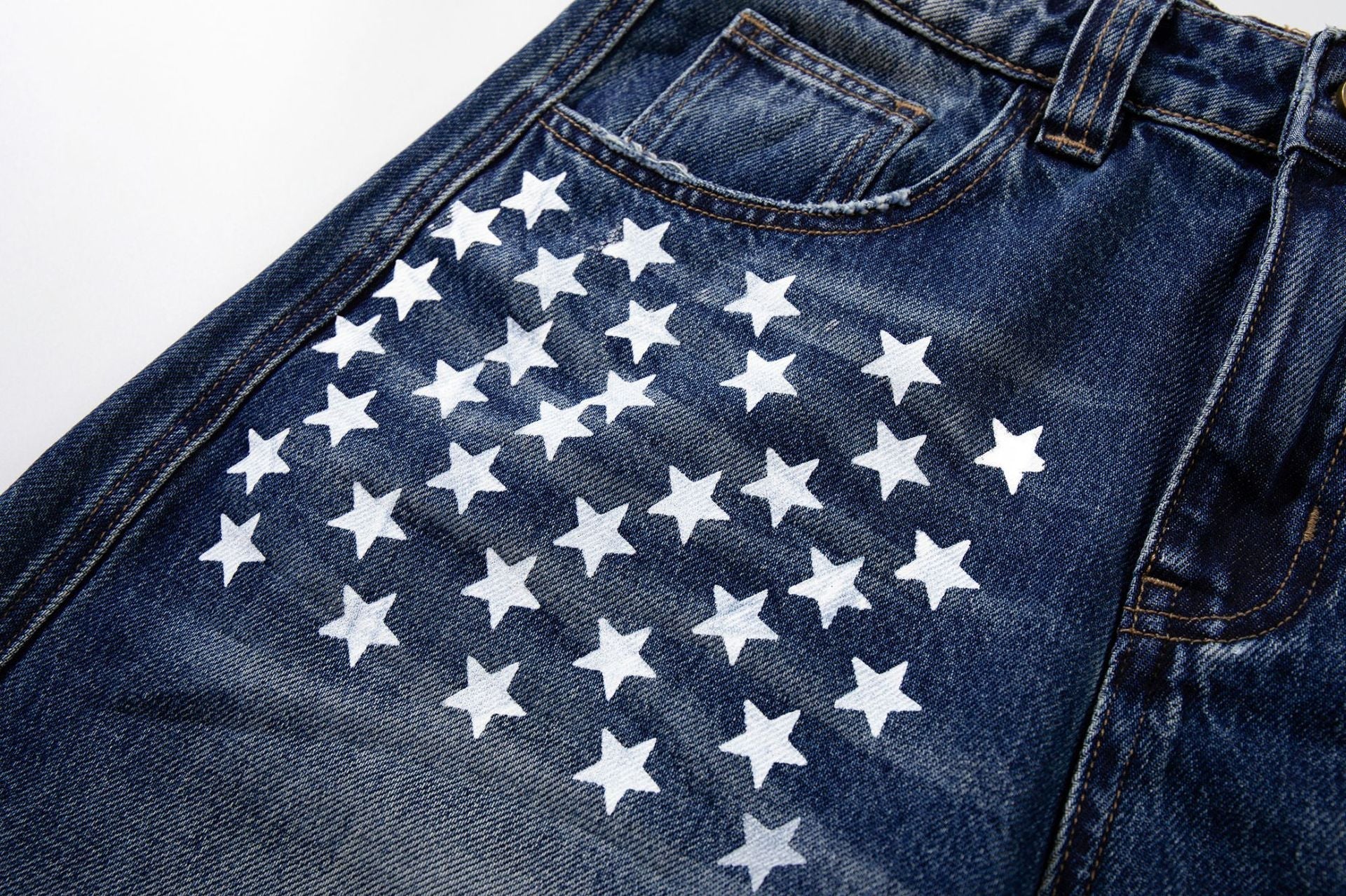 Star Print Curved Wide Leg Denim Jeans