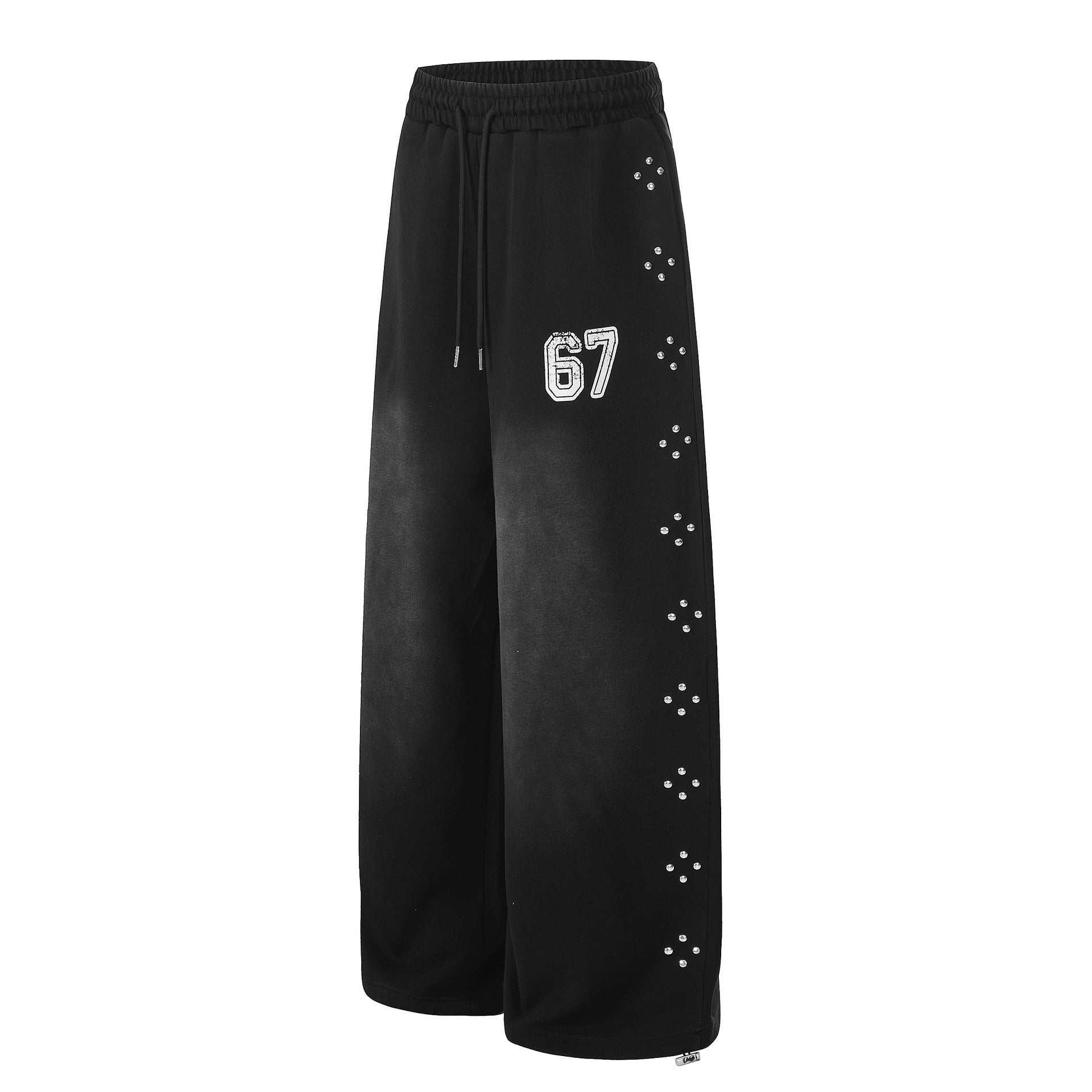 Washed Studs Number Print Wide Leg Pants