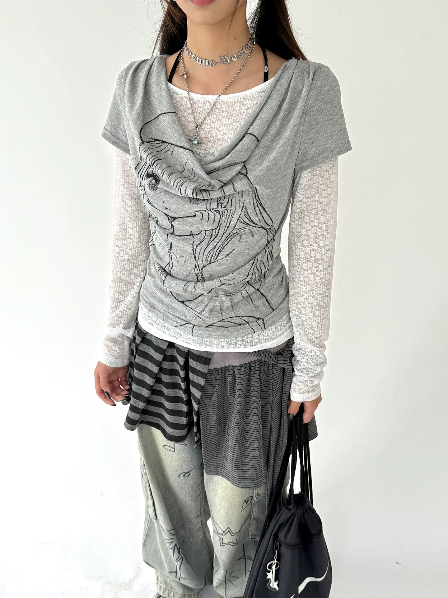 Fake Layered Draped Print Long Sleeve T-Shirt