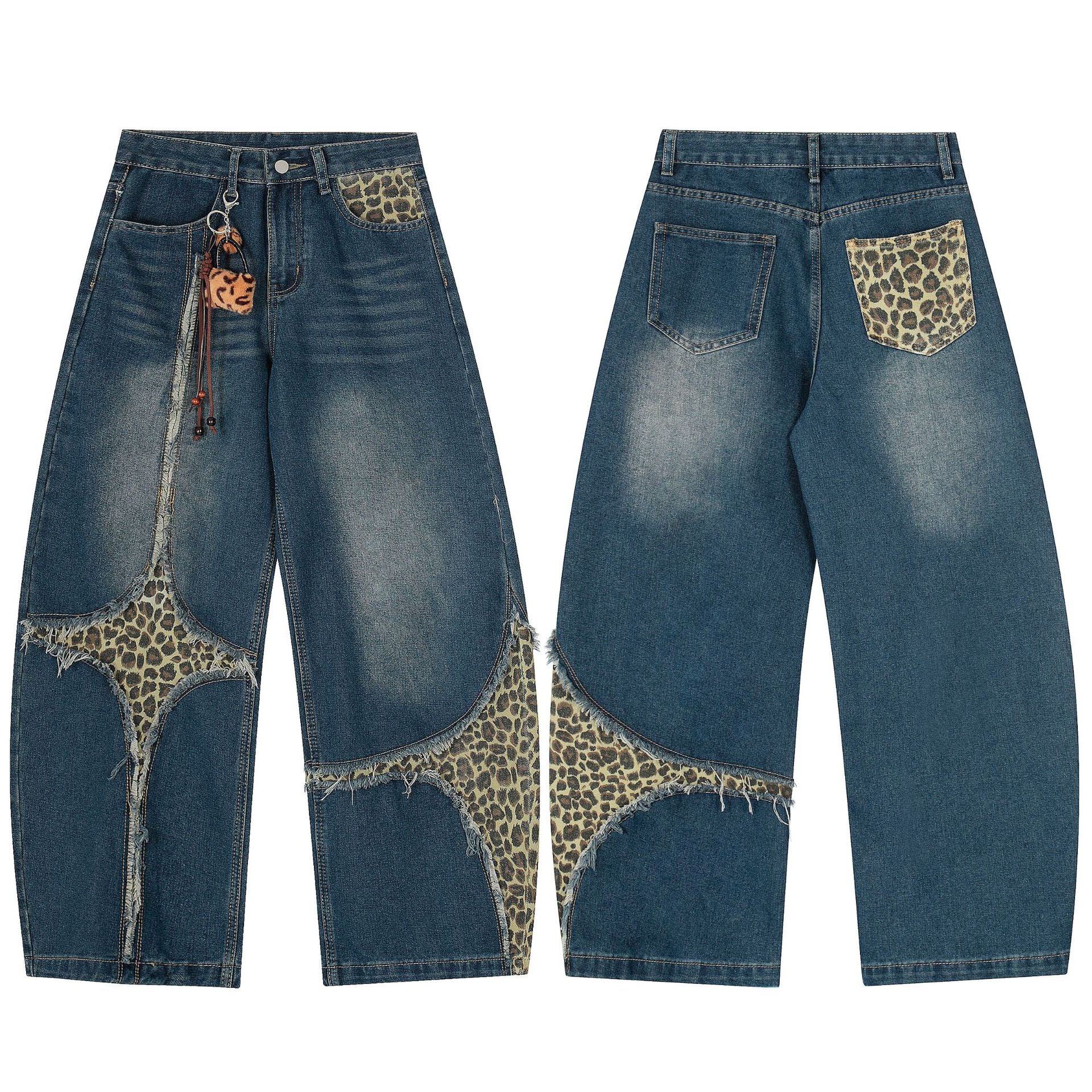 Leopard Print Cross Wide Leg Denim Jeans