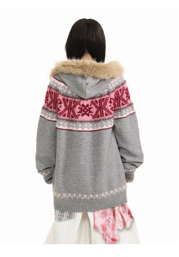 Fur Collar Fair Isle Hooded Knit Cardigan