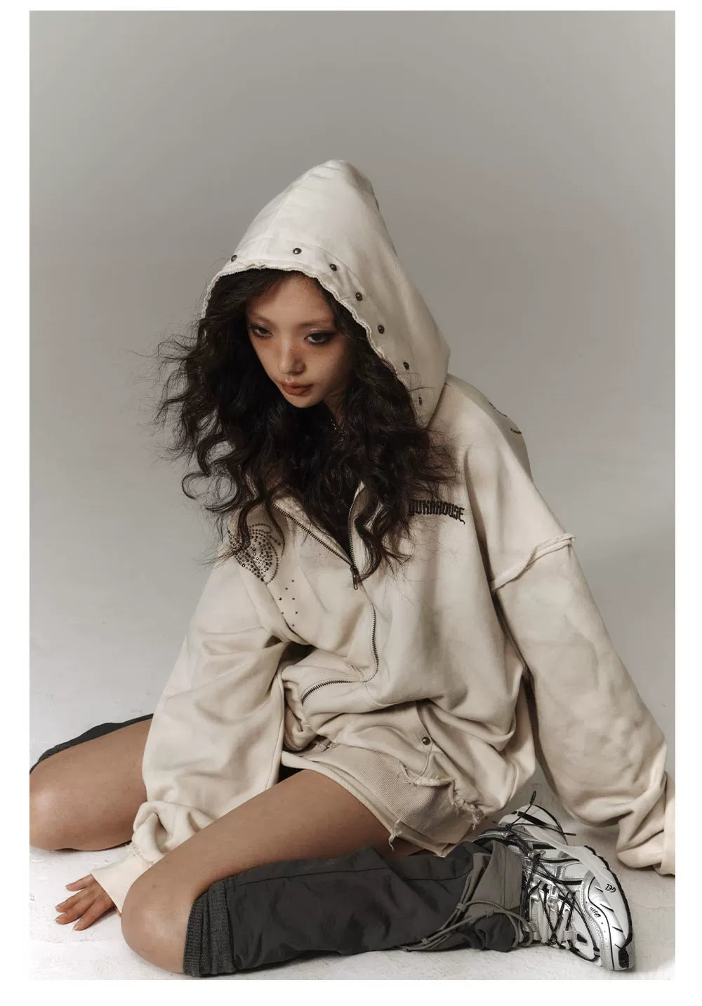 Washed Damage Oversize Zipper Hoodie & Short Skirt & Wide Leg Pants Setup