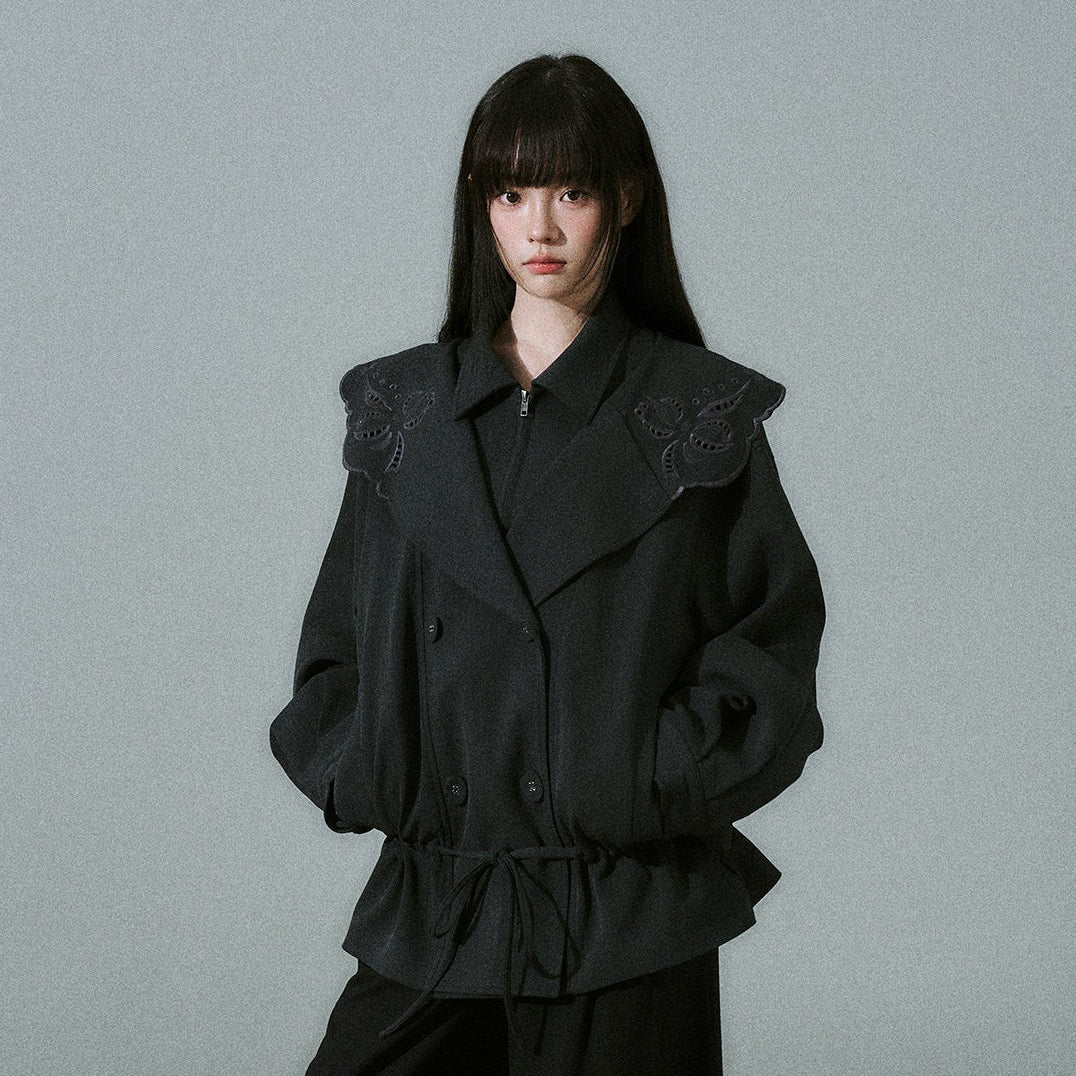 Embroidery Collar Drawstring Waist Double-Breasted Jacket